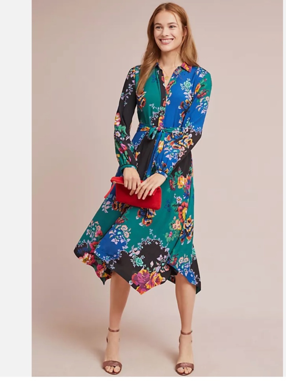 Maeve Robin Floral Pointy Hem Shirt Dress Long Sleeve New 4